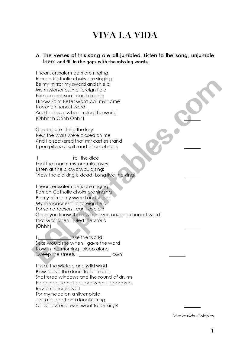 Viva la Vida by Coldplay worksheet