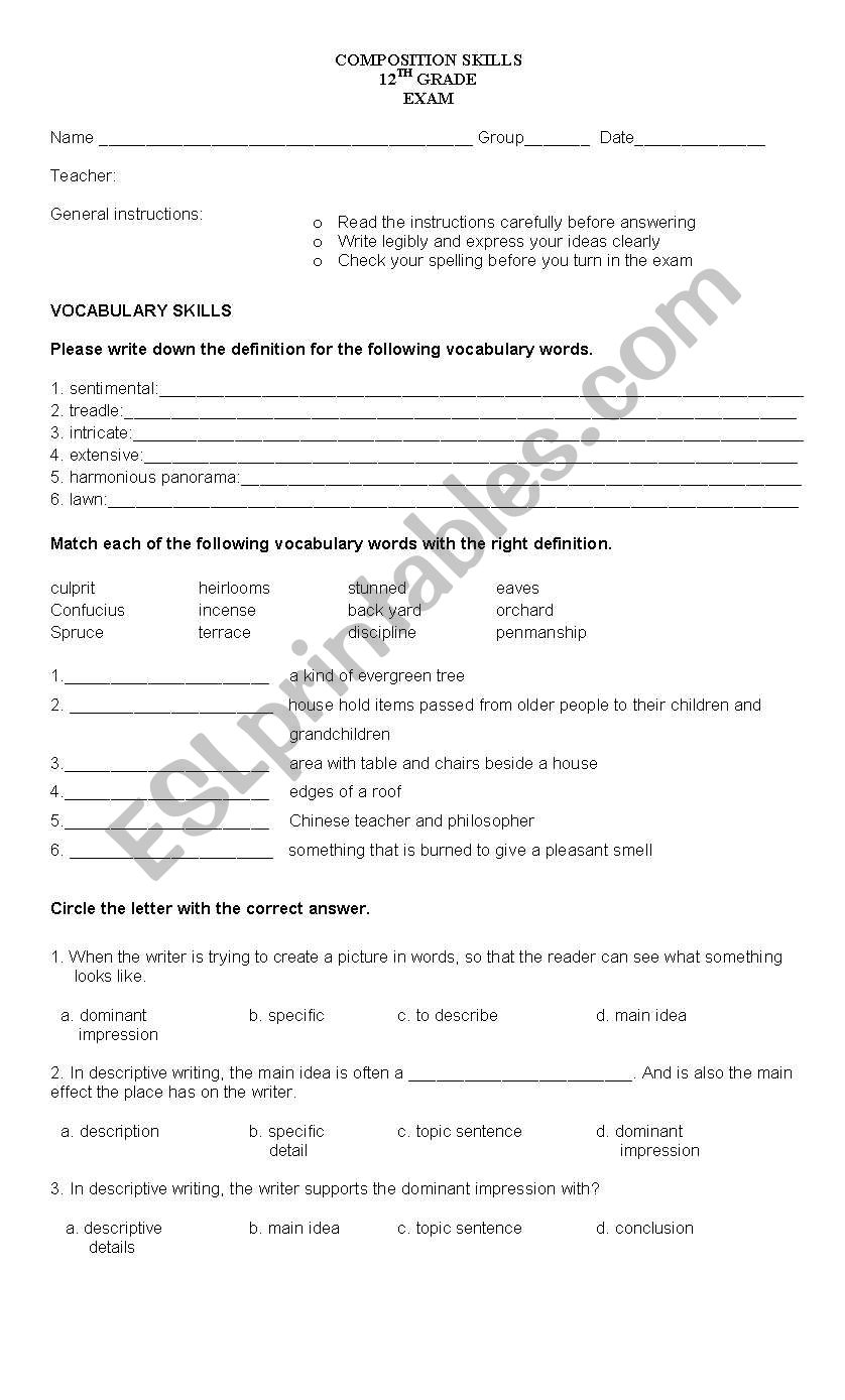 Compositon Skills exam worksheet