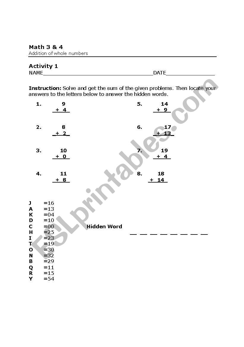 math addition worksheet
