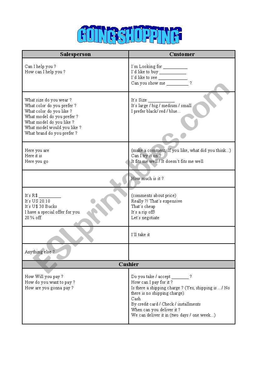 Going shopping worksheet