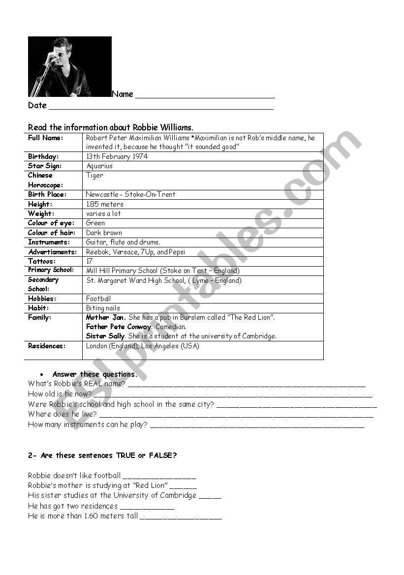 Robbie Williams worksheet