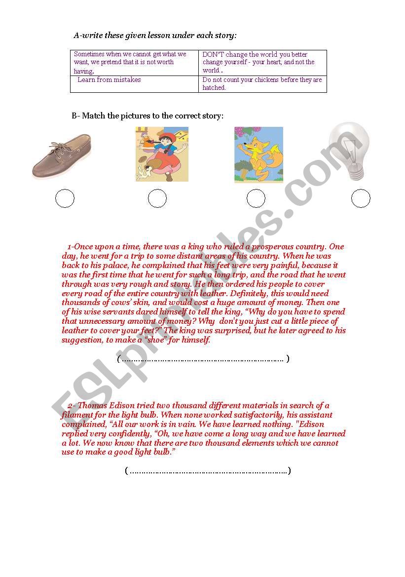 moral stoies worksheet