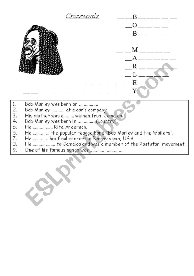 Bob Marleys Crosswords worksheet