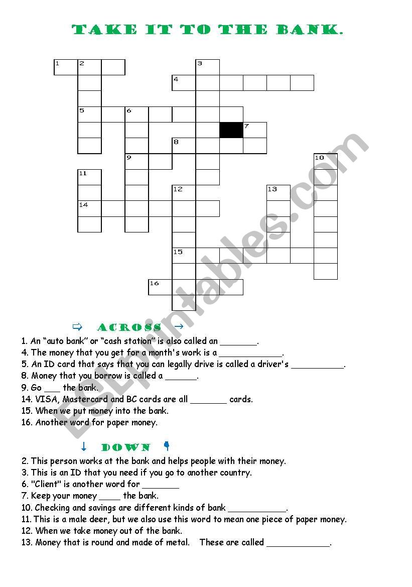 Bank crossword worksheet