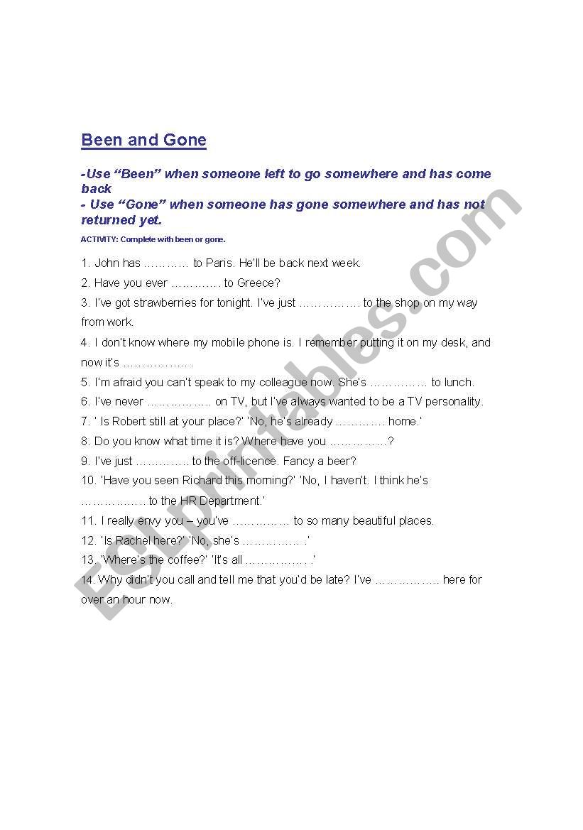 Been and Gone worksheet