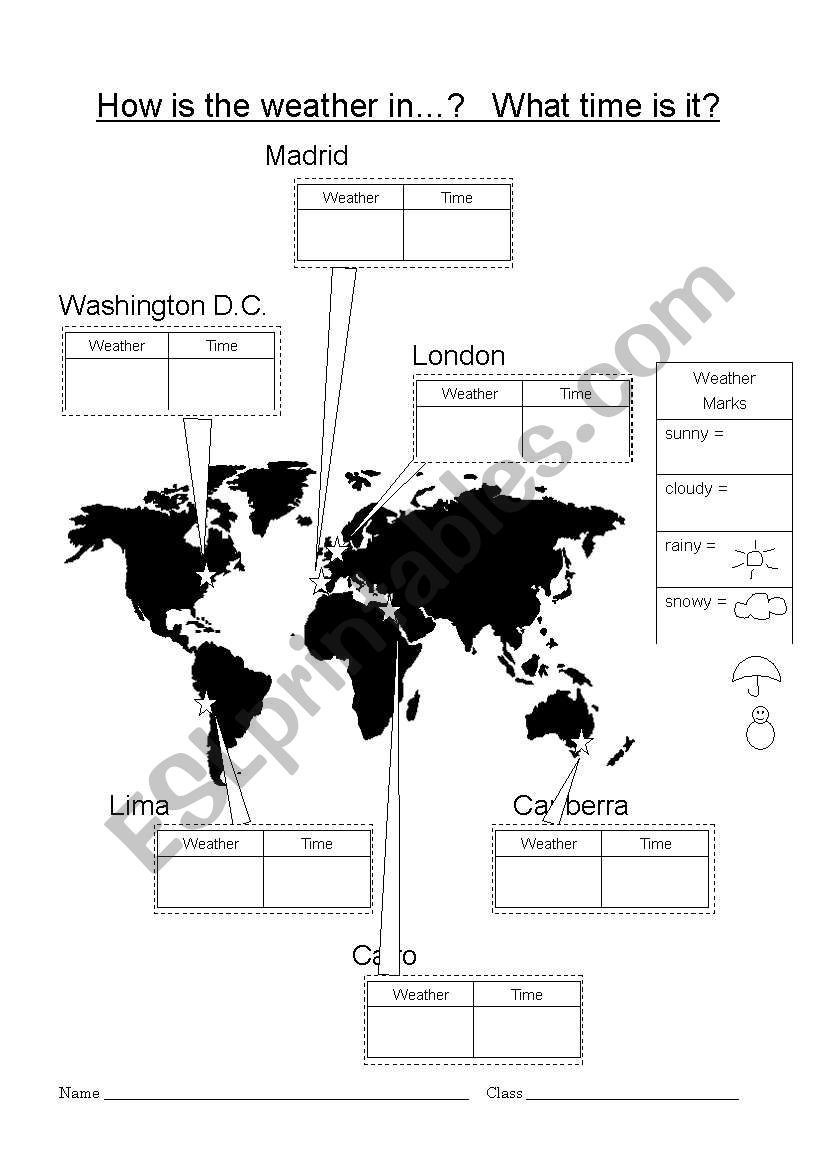 How is the weather in...?  What time is it?  Class interview game (worksheets and cards)