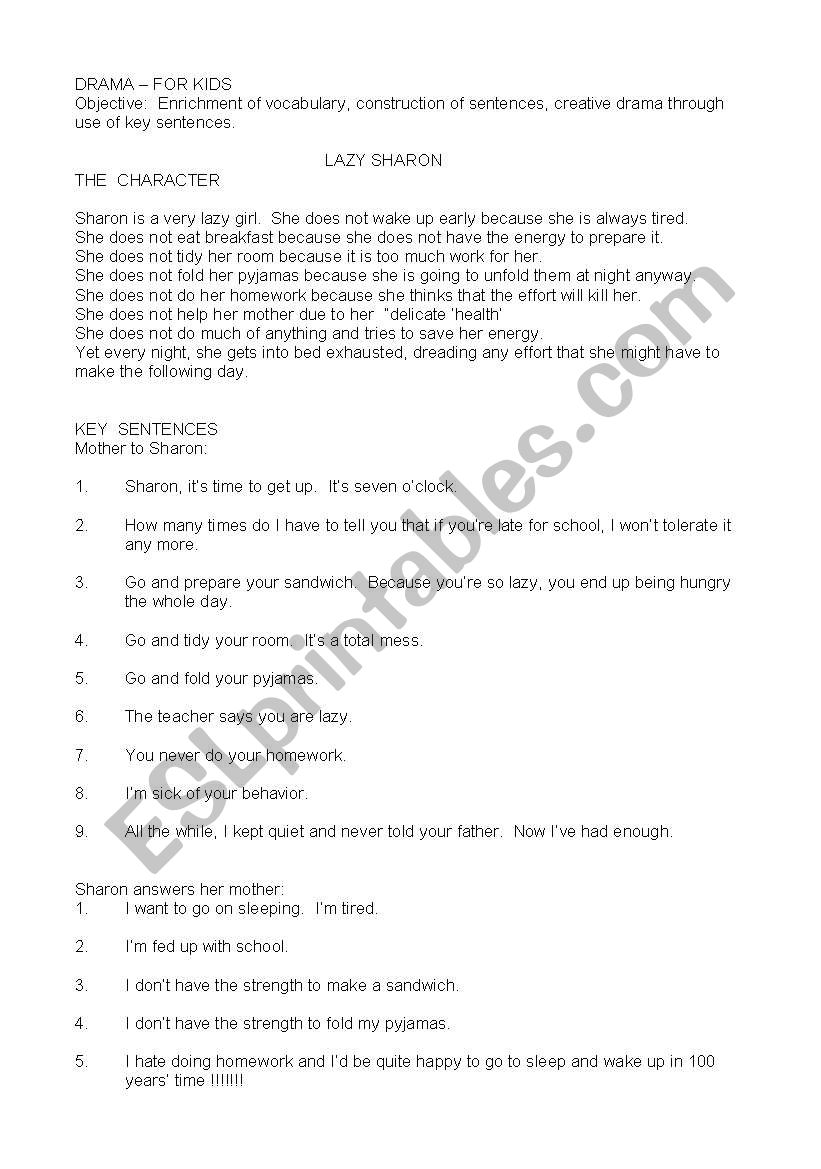 PLAY-SCRIPT    LAZY SHARON worksheet