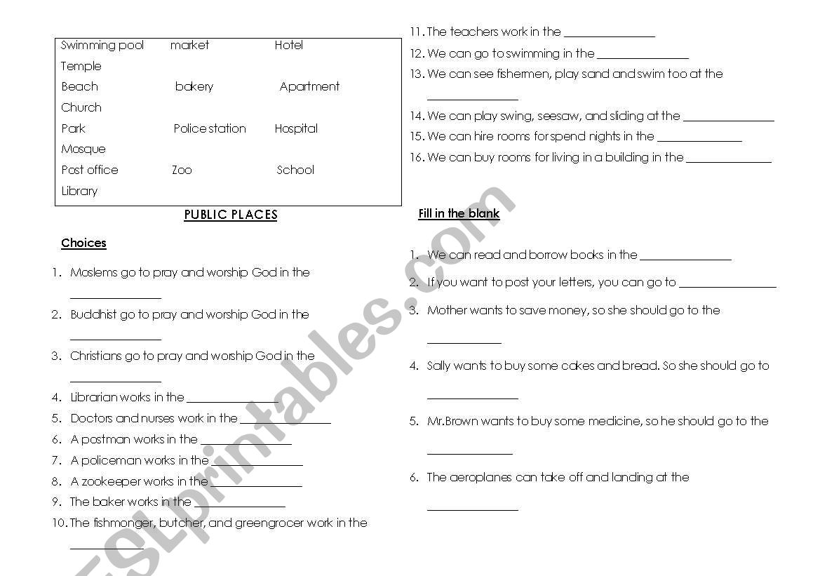 PUBLIC PLACES worksheet