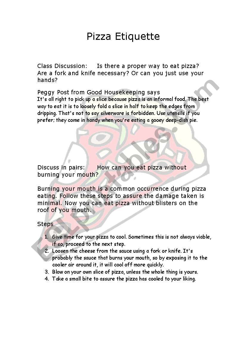 Pizza Etiquette worksheet