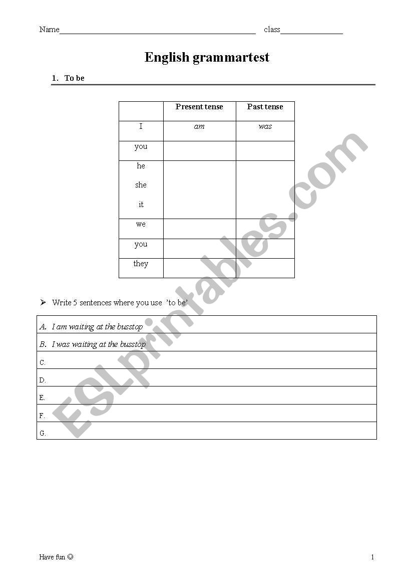 Grammar test worksheet