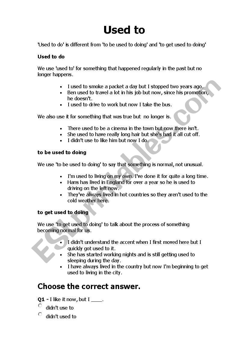 Grammar Used to/ be used to worksheet