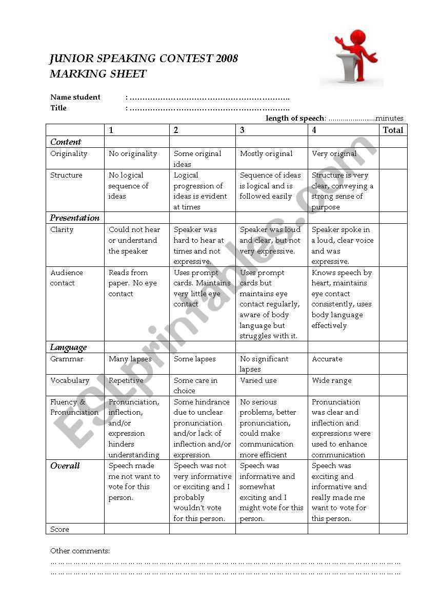 marking sheet speeches worksheet