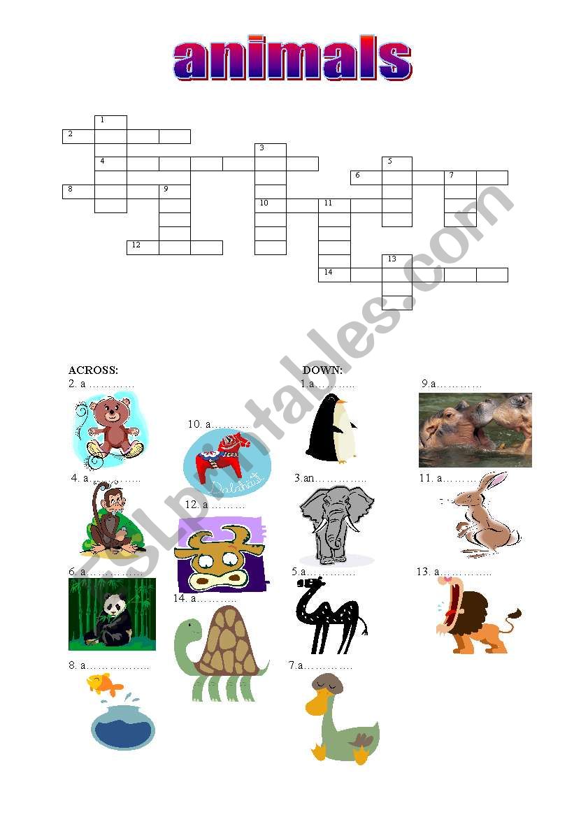 animals crossword worksheet