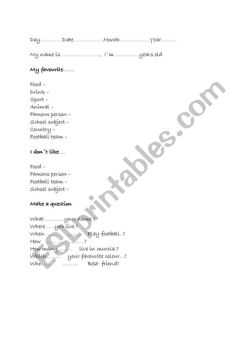 favourites worksheet