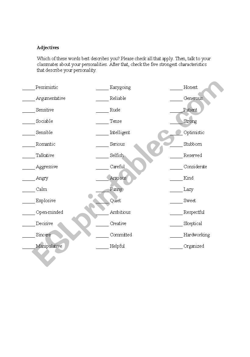 Personality adjectives worksheet