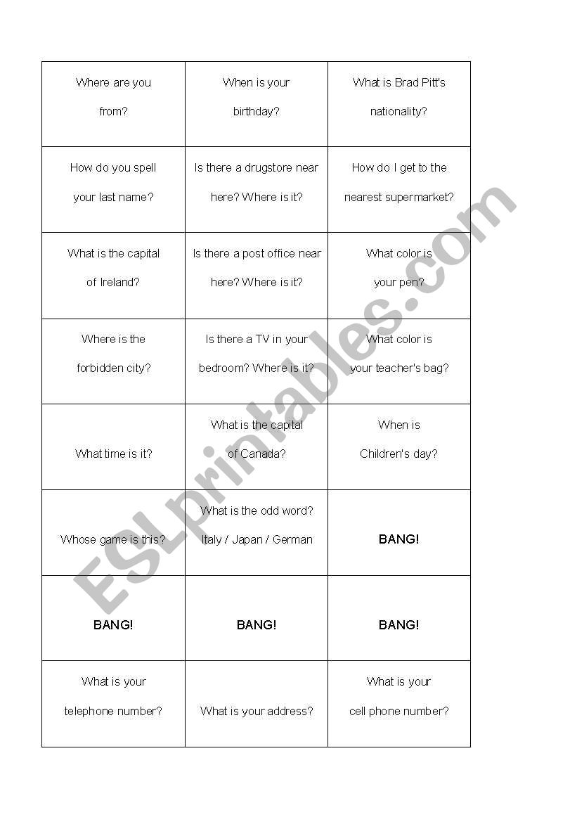 Game Bang!  worksheet