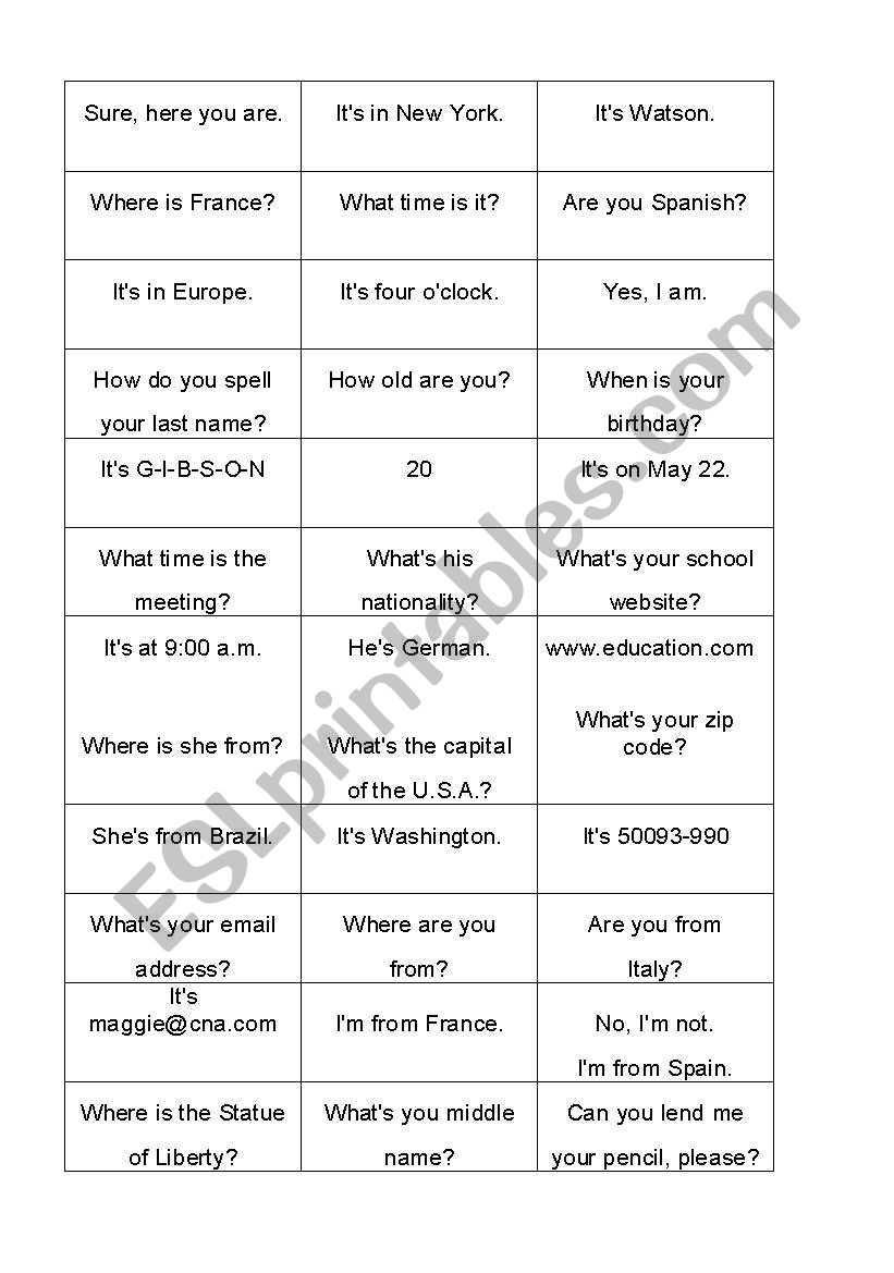 game questions/answers worksheet