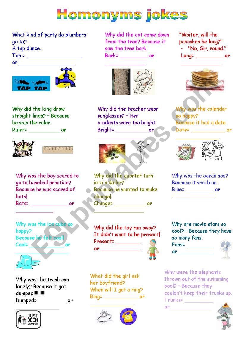 Homonyms jokes worksheet