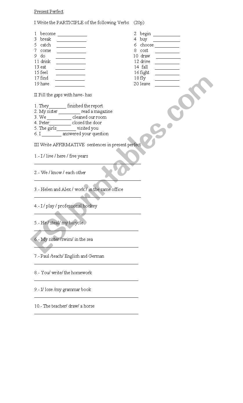 wprksheet present perfect worksheet