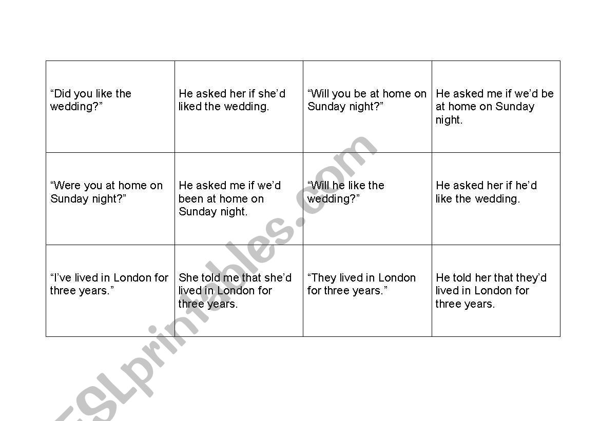 Reported Speech Memory Game worksheet