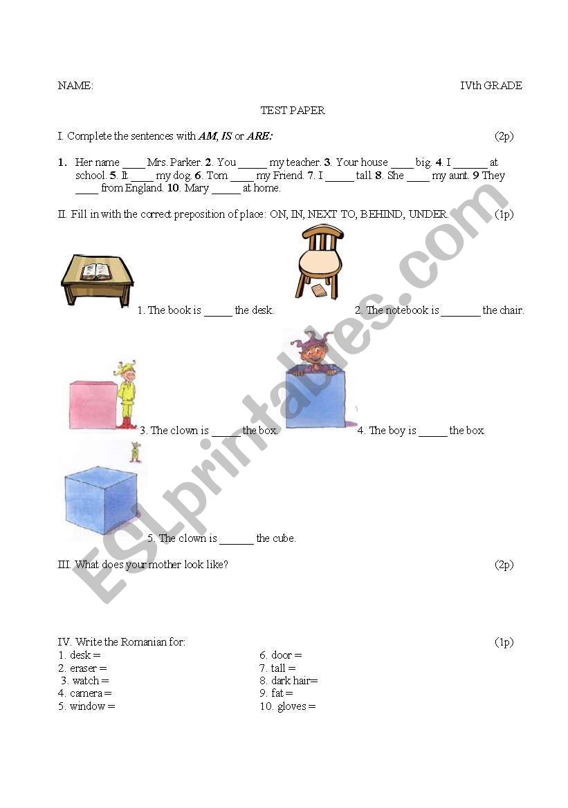 4th grade test worksheet