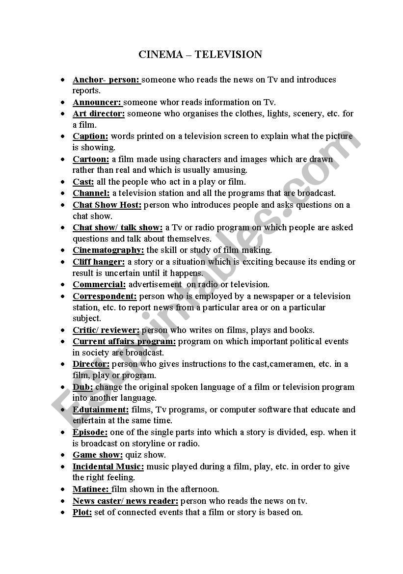 Cinema television worksheet