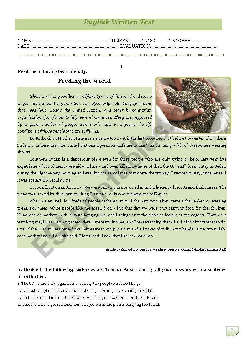 Test - feeding the world worksheet