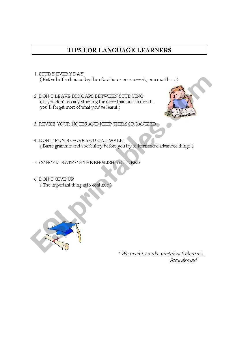 Tips for language learners worksheet