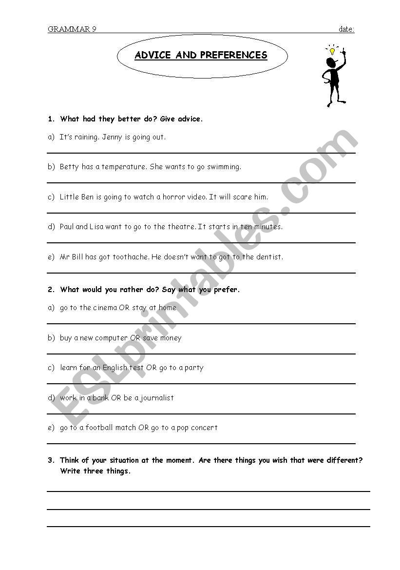 advice and preferences worksheet