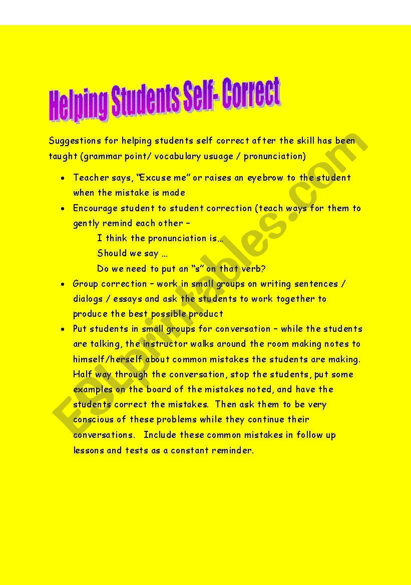 Helping Students Self Correct worksheet