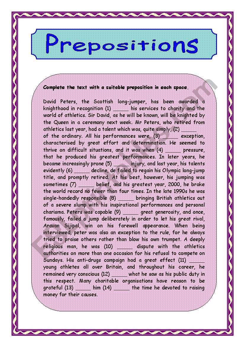 Prepositions2 (fill the gaps) worksheet