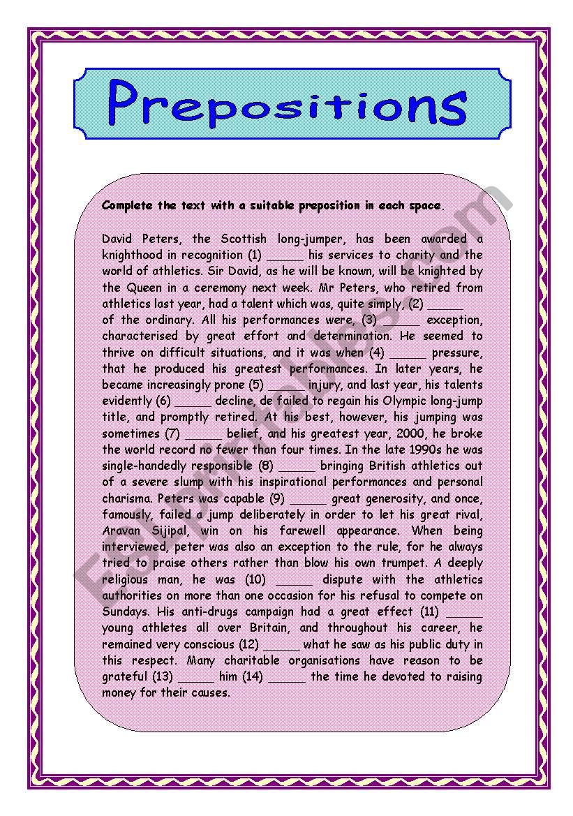 Prepositions2 (fill the gaps) worksheet