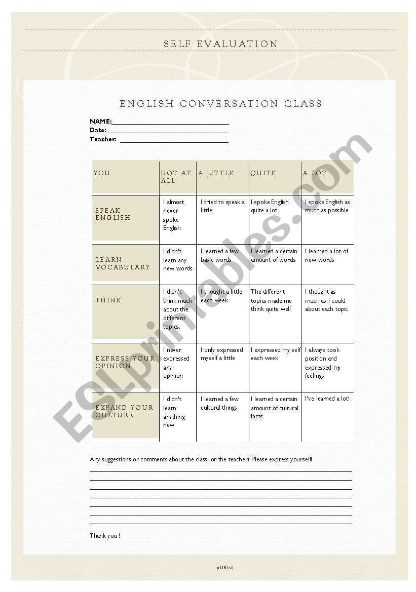 ADULT CONVERSATION CLASS: EVALUATION SHEET
