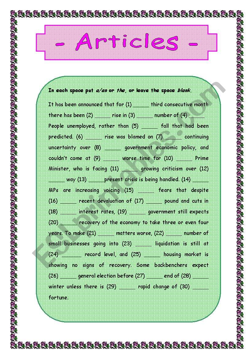 Articles (fill the gaps) worksheet