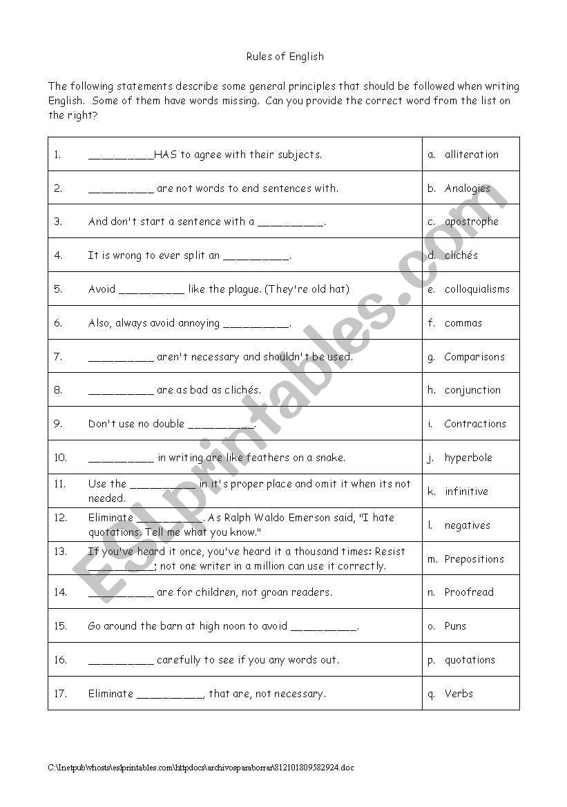 rules of English writing worksheet