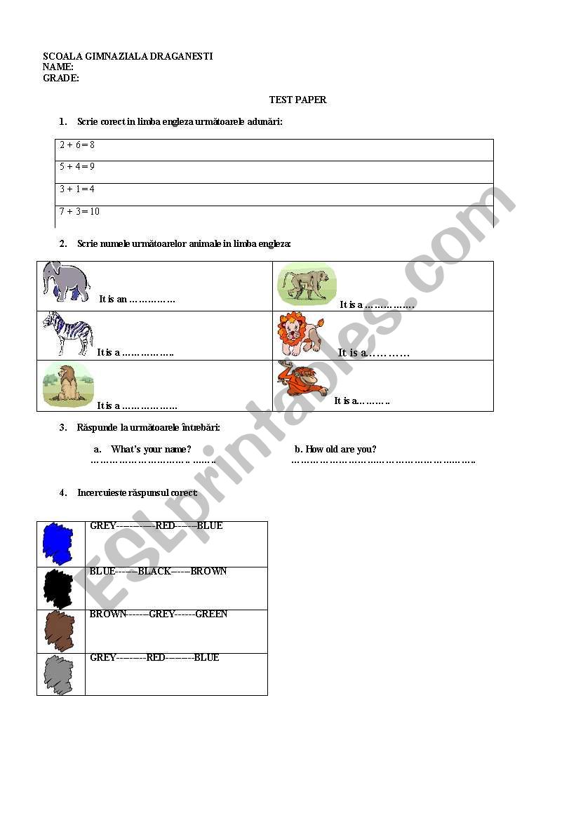 numbers, colours and animals worksheet
