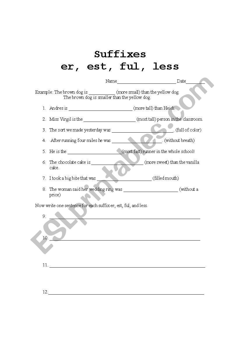 Suffixes -er -est -ful -less worksheet