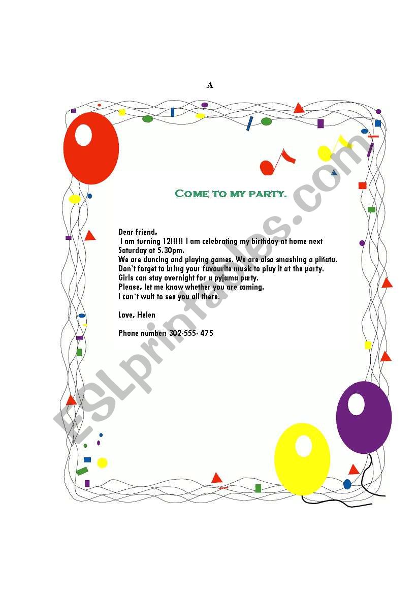 Party Invitation worksheet