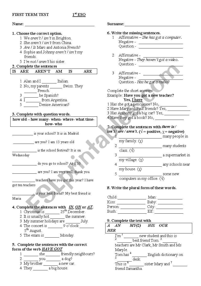 ELEMENTARY TEST worksheet