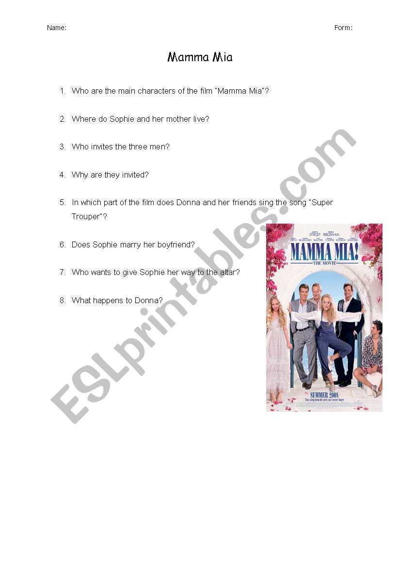 Mamma Mia worksheet