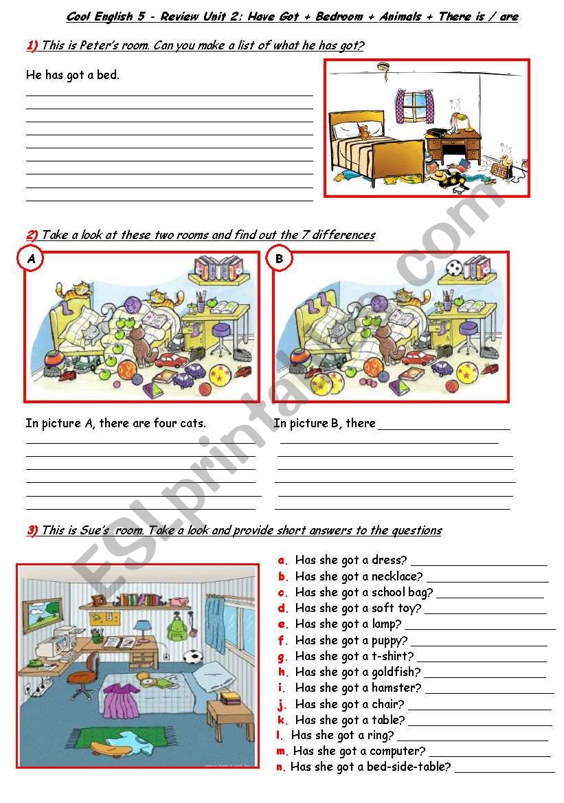 Bedroom, animals, have got, prepositions and theres!