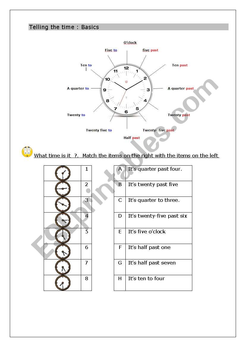 Clock - telling time  part 1 (of 4) -  different level in 1 worksheet