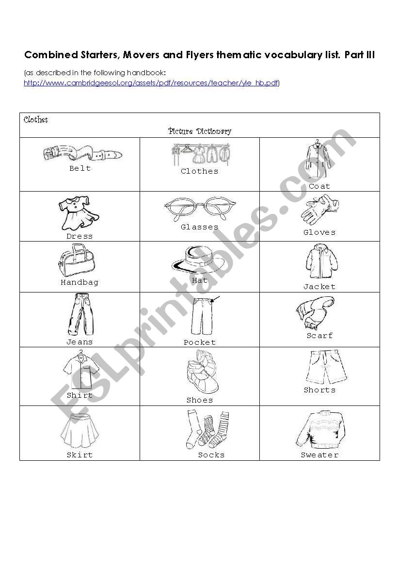 Combined Starters, Movers and Flyers thematic vocabulary list. Part III: Clothes