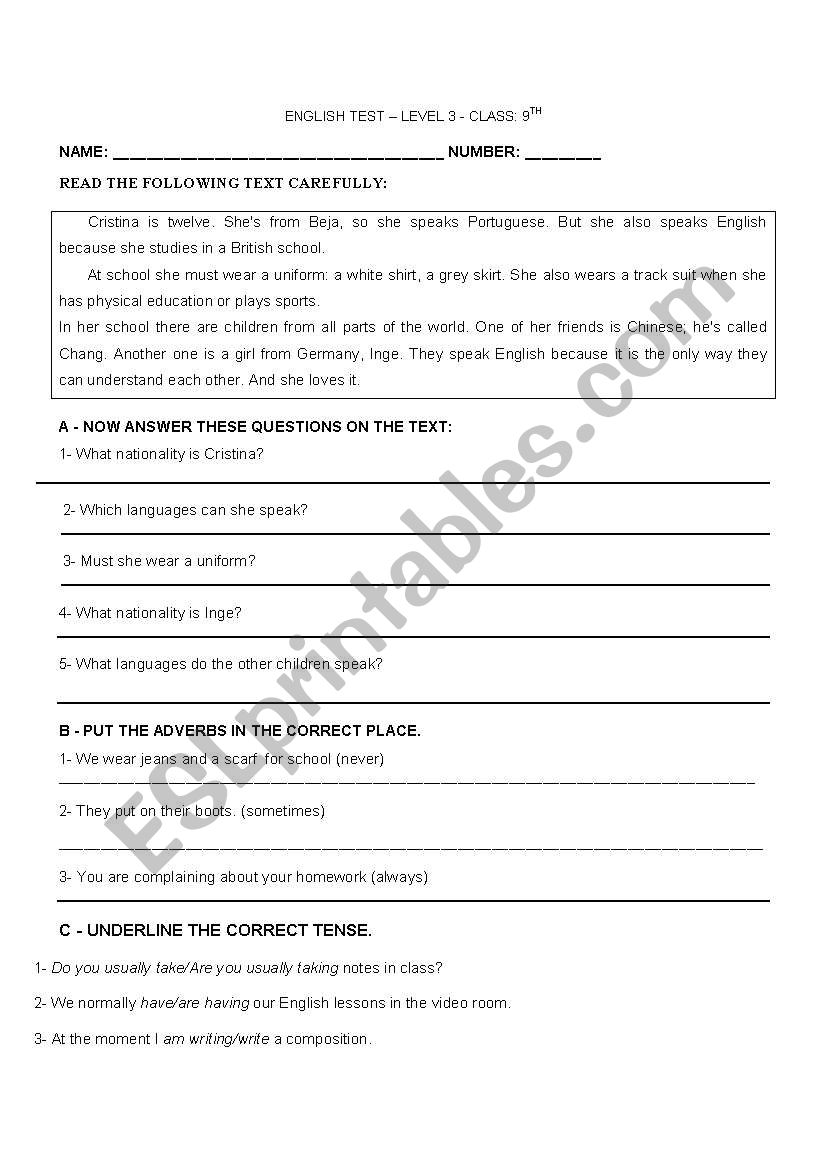 test worksheet