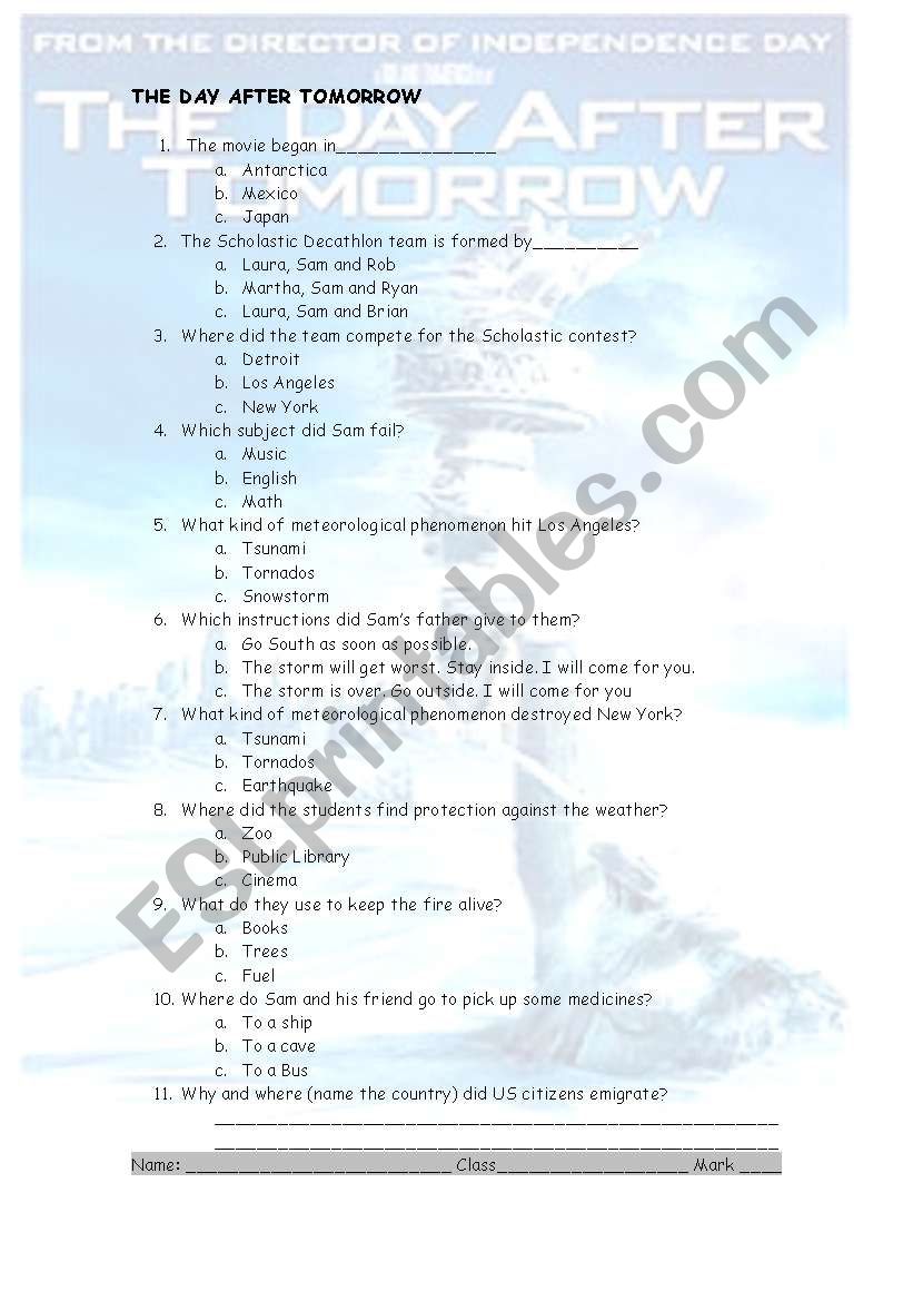 The day after tomorrow  worksheet