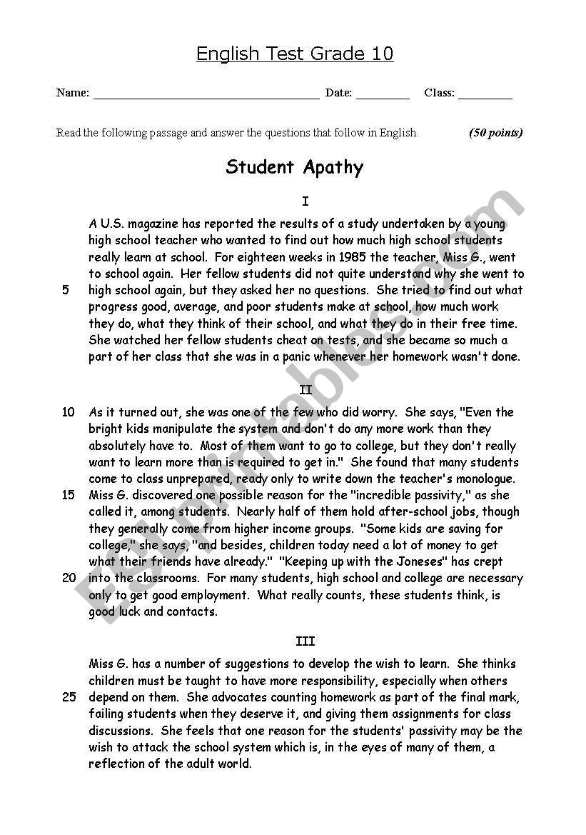Student Apathy - reading comprehension