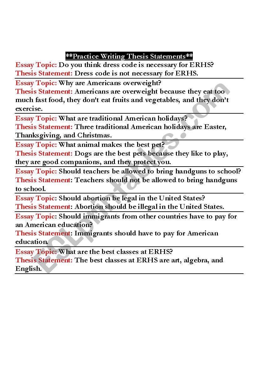 Practice Writing a Thesis Statement - ESL worksheet by alhannah11 For Thesis Statement Practice Worksheet