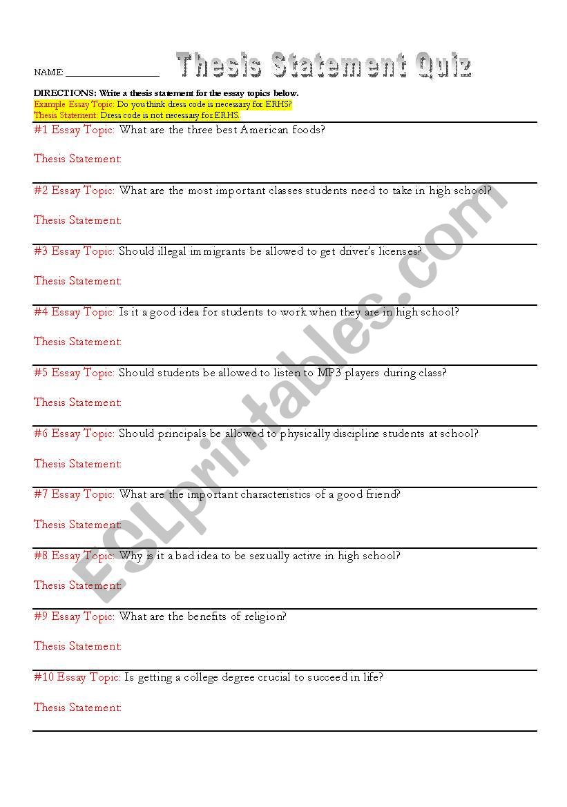 RESEARCH & WRITING TOOLKIT: Thesis Statements Throughout Writing A Thesis Statement Worksheet