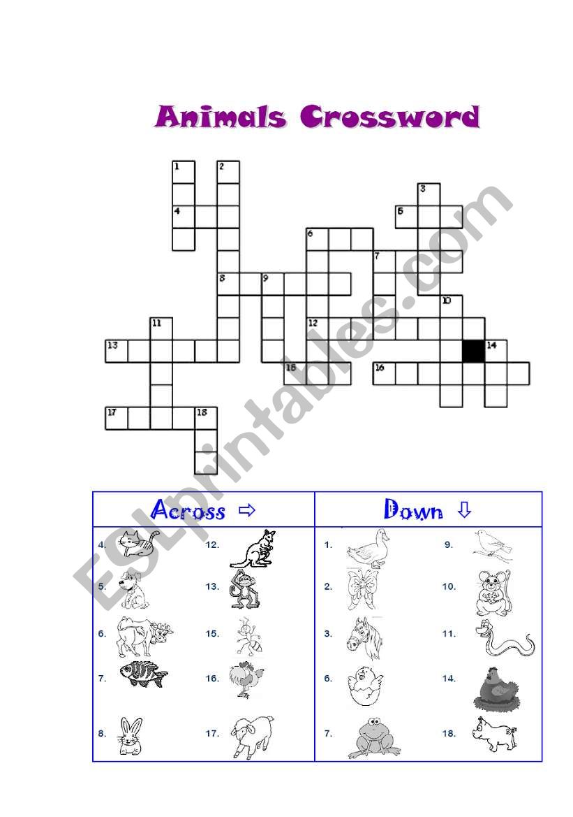 Animals crossword worksheet