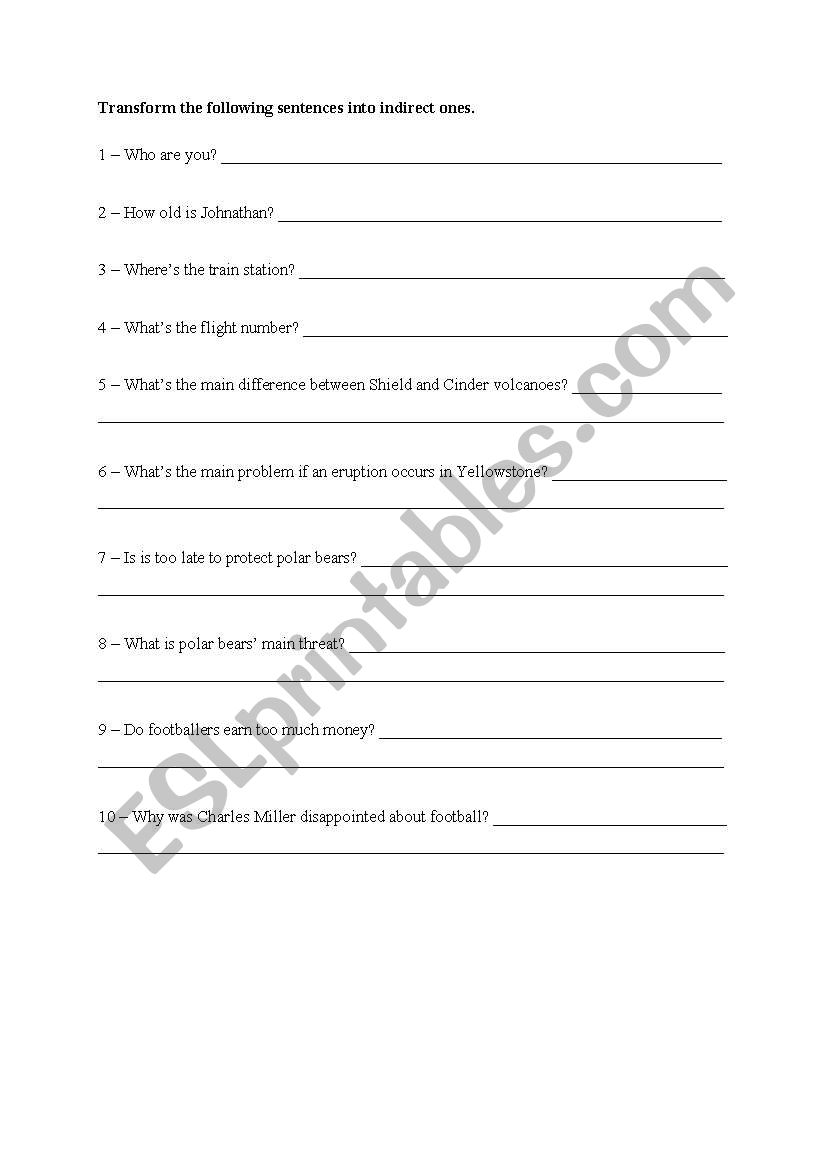 Indirect Questions worksheet